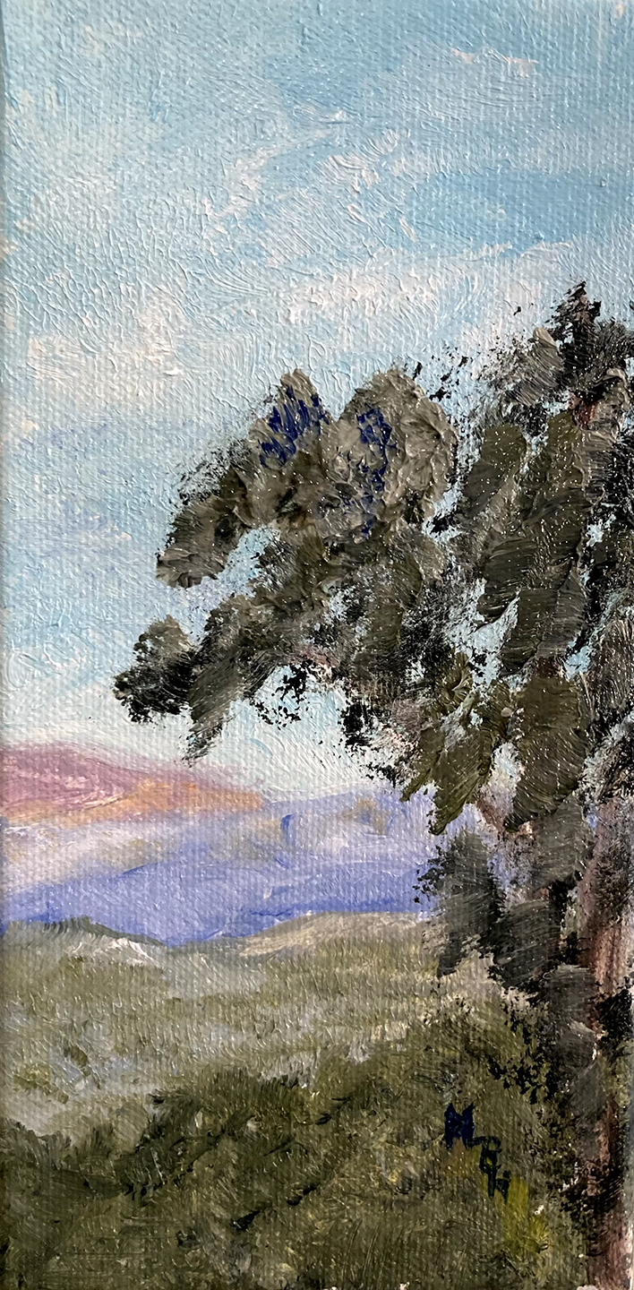 “Mountain Tree,” Oil, 8×4, $70
